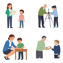 Obraz premium Collection of illustrations showing teachers and adults engaging with children in classroom and educational settings