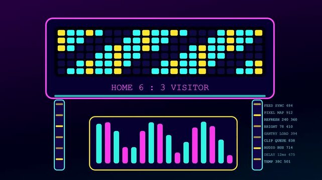 Stadium infrastructure scoreboard systems display changing numerical game scores alongside digital audio waveforms and loading status bars in this modern glowing violet neon graphical interface