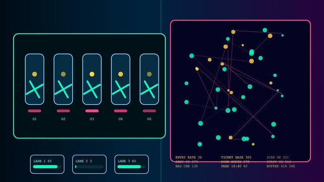 Stadium infrastructure visual display shows glowing circular nodes linked by thin lines next to vertical fader bars reflecting active data monitoring in a dark digital environment