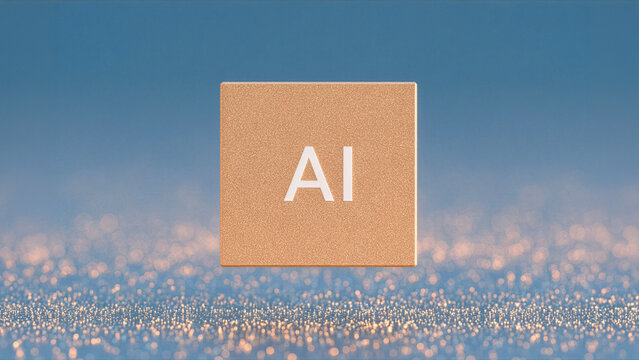 Artificial Intelligence Concept with Glowing AI Cube on Blue Particle Background for Technology Banner