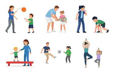 Fototapeta premium Set of vector illustrations featuring parents and children engaged in various outdoor sports activities