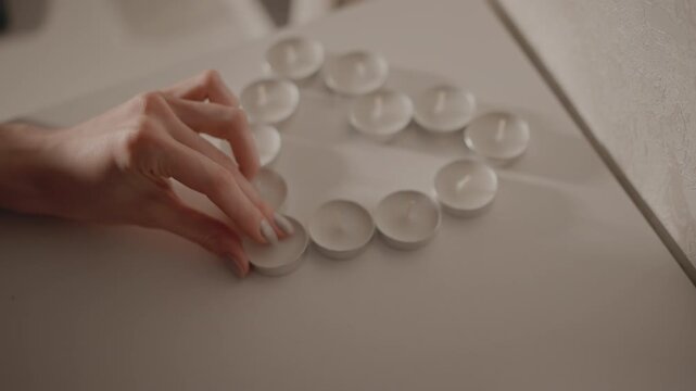 Pair of hands arranging unlit round tealight candles into symmetrical circular ring on off-white tabletop; palms and fingertips guide and smooth placement with subtle hovering and motion blur