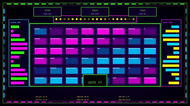 a complex stadium infrastructure monitoring interface displays glowing neon rectangules arranged in organized columns while scrolling numeric data points flicker across the screens in real time motion
