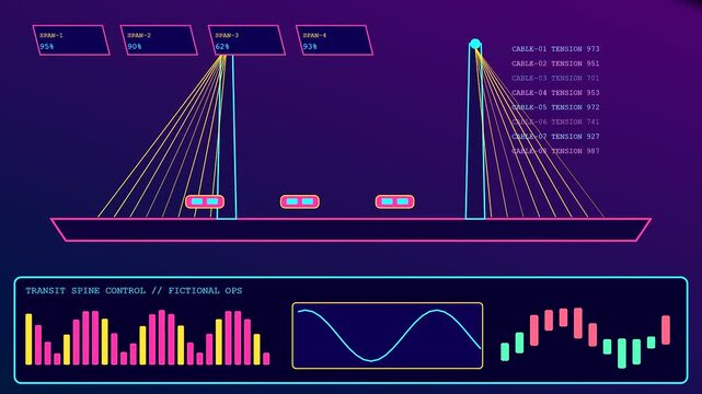 Data monitoring on a stadium infrastructure digital display featuring oscillating wave patterns and vibrating cable tension metrics shown on a purple gradient ui for analysis
