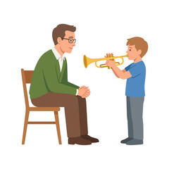 Obraz premium An adult man sitting on a chair watching a young boy learning to play the trumpet in a music lesson setting.