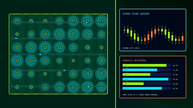 Stadium infrastructure monitoring displays show changing fluid levels and digital flow metrics across complex green interface grids during active system updates in a controlled server room