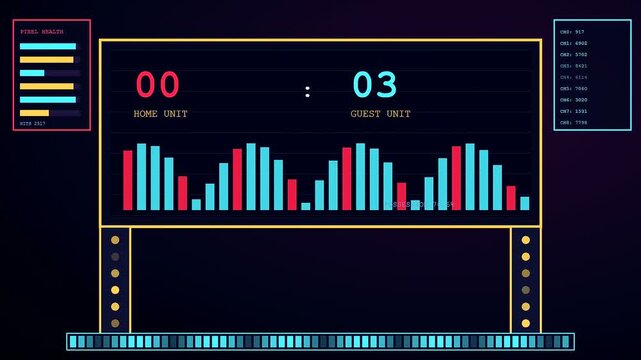 Digital stadium infrastructure displays showing dynamic data tracking patterns and glowing colorful bar graphs in a simulated competitive software environment for global sports event match analysis