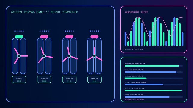 Three screens displaying stadium infrastructure monitor gate access flow as animated bar charts and circular scanner icons pulse rhythmically in continuous loops of blue light