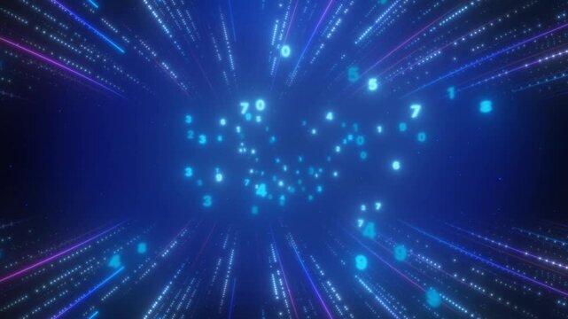 Animated digital data stream with glowing numbers, light trails and futuristic tunnel motion on transparent background with alpha channel