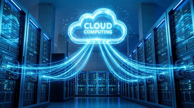 Glowing cloud computing icon in blue server room