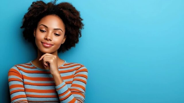 Thoughtful african woman in striped sweater posing against blue background