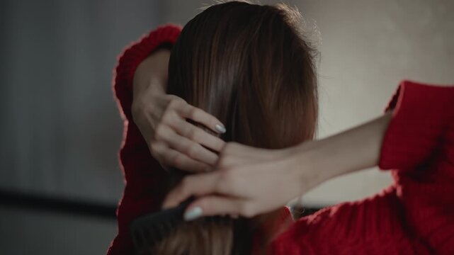 Close medium motion scene of woman in red knit sweater smoothing long brown hair with hands while turning head toward side light, creating calm indoor beauty mood with soft focus and natural texture