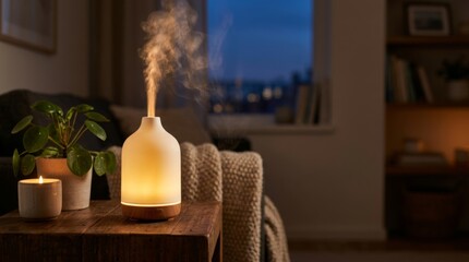 Fototapeta premium Ceramic essential oil diffuser emitting mist and warm light in a cozy evening living room with a lit candle and potted plant