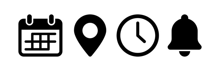 Fototapeta premium Set of black flat icons representing calendar location pin clock and notification bell for digital interface design