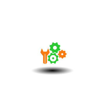Vector illustration of gears mechanism with wrench. Symbol of task management. Icon of repair service.