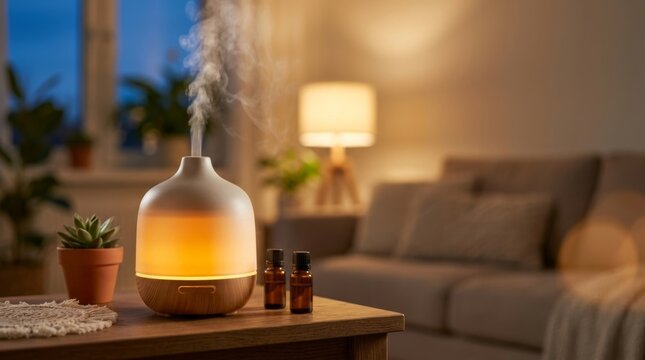 Ceramic essential oil diffuser emitting mist and warm light in a cozy evening living room with a lit candle and potted plant