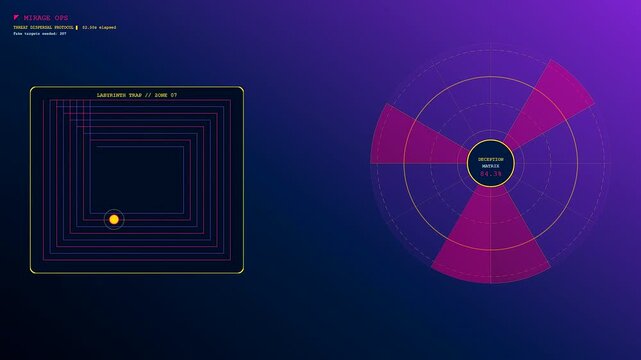 Digital deception technology displays moving yellow circular icons within squared mazes while geometric circular charts pulse with pink glowing shapes on a dark deep purple screen