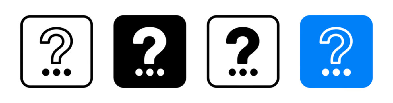 Set of four rectangular icons featuring question marks and ellipsis dots in different black and blue styles