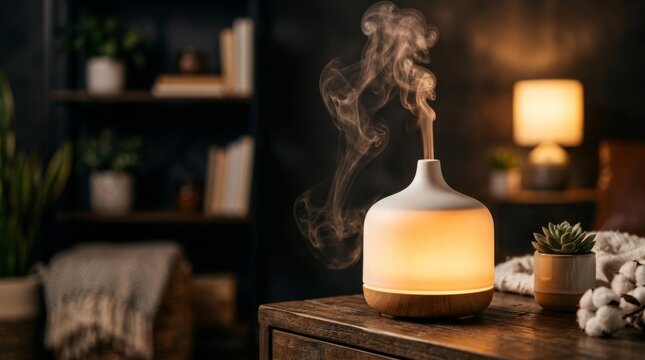 Ceramic essential oil diffuser emitting mist and warm light in a cozy evening living room with a lit candle and potted plant