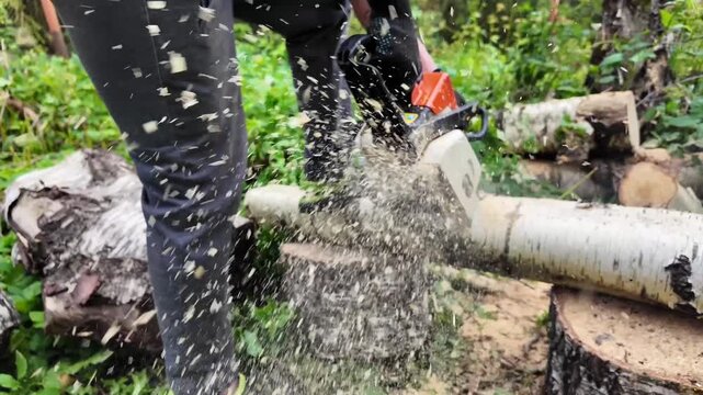 Chainsaw throws sawdust while cutting a large log outdoors, forestry maintenance, timber harvesting, heavy equipment, professional arborist.