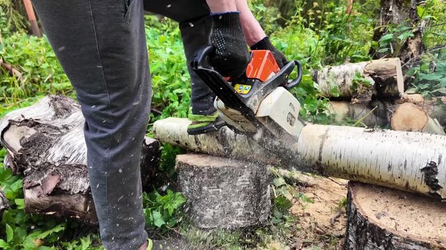 Worker completes a chainsaw cut on a tree trunk with flying wood debris, forestry maintenance, outdoor labor, timber processing, industrial activity.