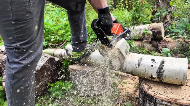 Arborist cuts a heavy tree trunk with a chainsaw during outdoor maintenance, forestry operations, timber processing, professional work, landscaping.