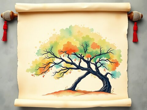 Vintage-style paper scroll with watercolor tree illustration, ||paper, vintage