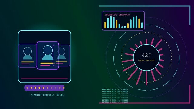 Digital deception technology displays abstract user profile generation sequences with glowing neon interface nodes and flashing data charts in a continuous looping animation of virtual entity creation