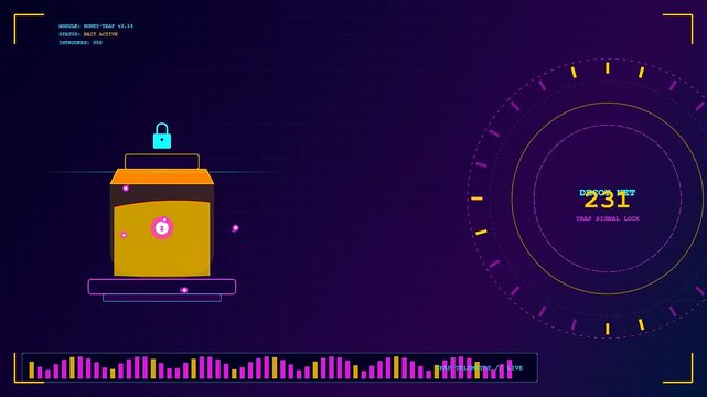 Deception technology digital monitor display showing a graphical jar locked with a padlock symbol and scrolling numeric data values on a deep violet interface surface
