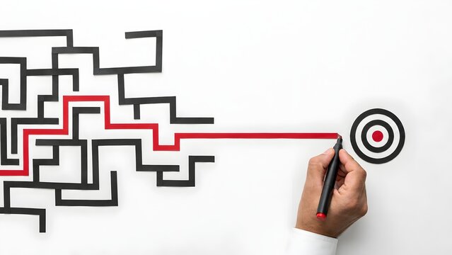 Hand drawing straight red line out of complex maze directly to target bullseye representing direct problem solving strategy