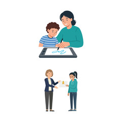 Fototapeta premium Vector illustration set of teachers and students interacting during learning and school activities
