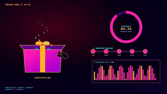 Digital deception technology displays animated gift box icons with shifting bar charts and circular progression meters shown against a dark purple glowing computer interface environment