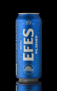 August 10, 2026, Tbilisi, Georgia Refreshing Efes Pilsener in a sleek blue can, ready to quench your thirst on a sunny afternoon