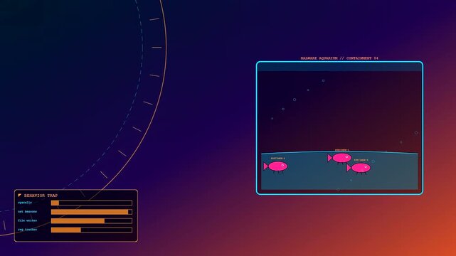 A digital deception technology interface displays animated pink fish shapes moving within a contained software box alongside glowing orange data charts on a gradient purple surface