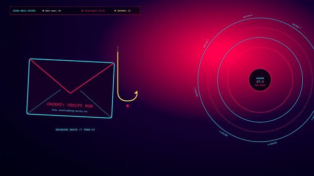 Digital deception technology displays a glowing neon envelope being targeted by a digital fishing hook in a graphical user interface simulation of cyber security threat patterns