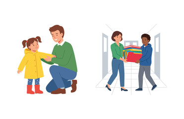Obraz premium Vector illustration of a father helping his daughter and a teacher assisting a student in school