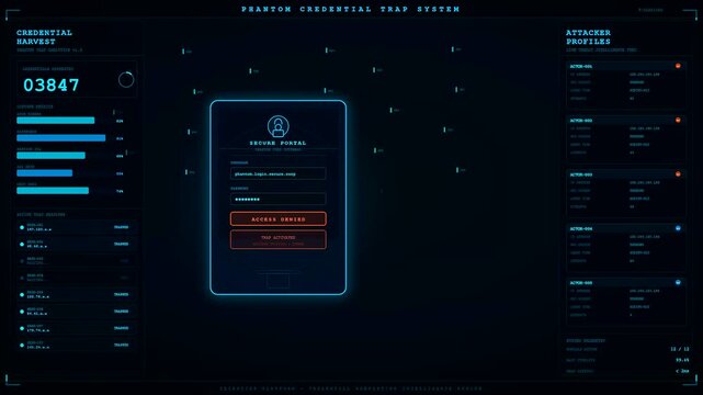 A sequence showing deception technology in a simulated cyber attack scenario with glowing graphical interfaces and digital portal displays during an active security monitoring process