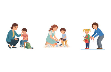 Fototapeta premium Set of vector illustrations showing a mother caring for and helping her young children daily