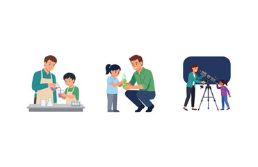 Flat vector illustration of parents and children doing science and astronomy experiments together