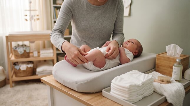 Woman changing diaper of newborn baby on changing table in nursery. Mother caring for infant during daily hygiene routine. Parenting and childcare concept in cozy home interior