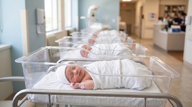 Newborn babies resting in hospital bassinets lined up in maternity ward. Infants wrapped in swaddles sleeping peacefully after birth. Healthcare and motherhood medical care concept