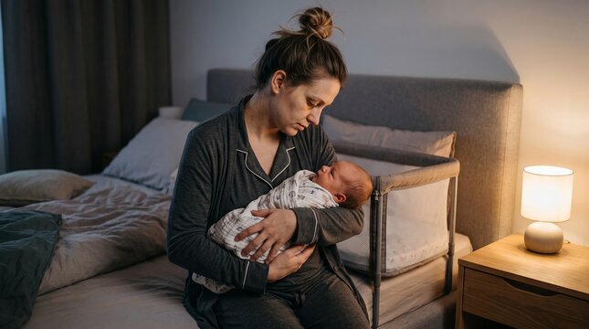 Tired woman holding newborn baby in bedroom at night. Mother sitting on bed with infant in swaddle. Parenting struggle, postpartum life, sleepless night, and newborn care concept