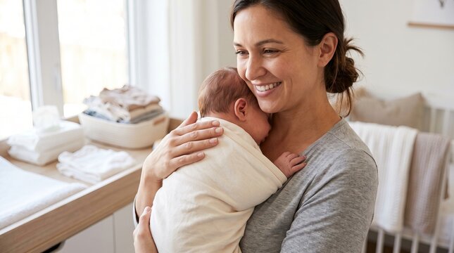 Mother holding her newborn baby in a cozy nursery room. Loving woman embracing infant during childcare. Authentic domestic lifestyle of parenthood and bonding at home with newborn child