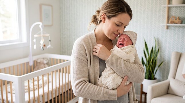 Mother rocking and comforting her crying newborn baby in nursery. Parent holding upset infant wrapped in swaddle blanket. Concept of maternal love, newborn care and postpartum support