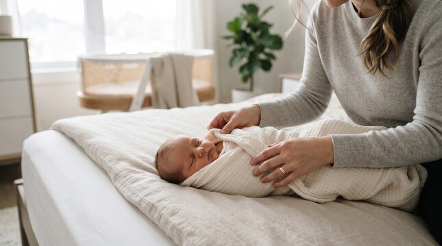Mother wrapping newborn in muslin blanket on bed. Caring woman swaddling infant for cozy sleep. Gentle parenthood and family bonding concept in bright nursery home interior setting