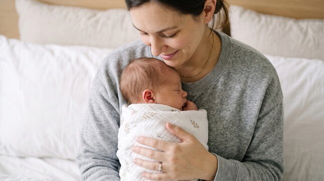 Mother gently holding her sleeping newborn baby wrapped in a swaddle blanket on a bed. Concept of maternal love, parenthood, care, and peaceful bonding at home in a bright bedroom