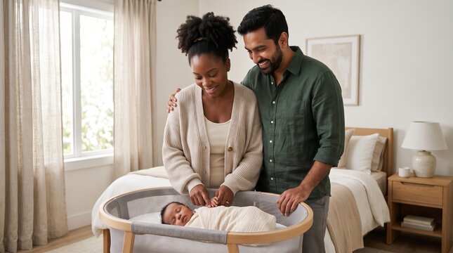 Mother and father smiling while looking at their sleeping newborn baby in a cradle at home. Happy multiethnic parents bonding with child in nursery. Family lifestyle and parenthood concept