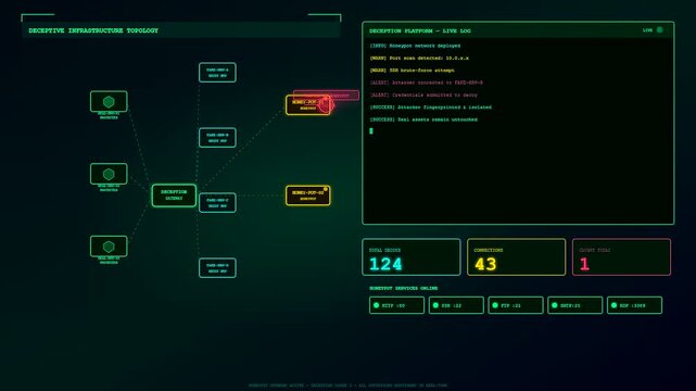 a digital deception technology interface displays a network topology with incoming connection alerts and threat logs manifesting as vibrant green data points on dark screens