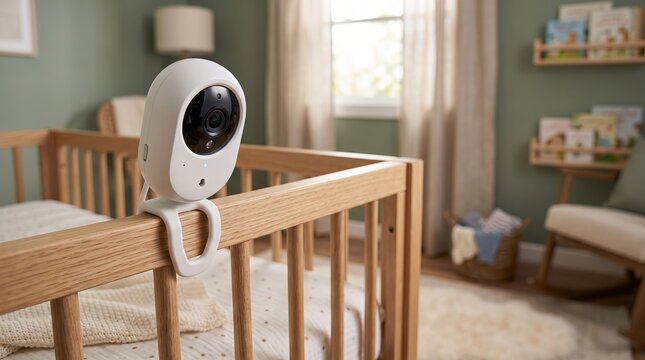 Smart baby monitor attached to wooden crib in nursery. Modern electronic camera for child safety and surveillance. Innovative infant monitoring device, parenting technology, home care