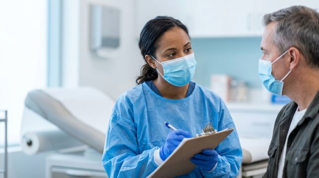 Medical professional in PPE takes notes on a clipboard while consulting with a male patient wearing a face mask in a clinic setting